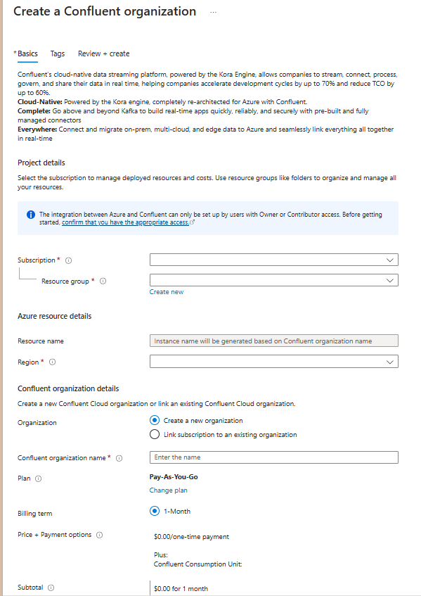 Screenshot that shows the options to create a Confluent organization on the Basics tab in the Azure portal.