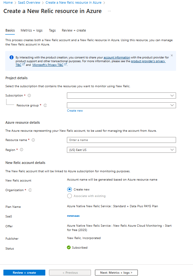 A screenshot of the Create a New Relic resource in Azure options inside of the Azure portal's working pane with the Basics tab displayed.