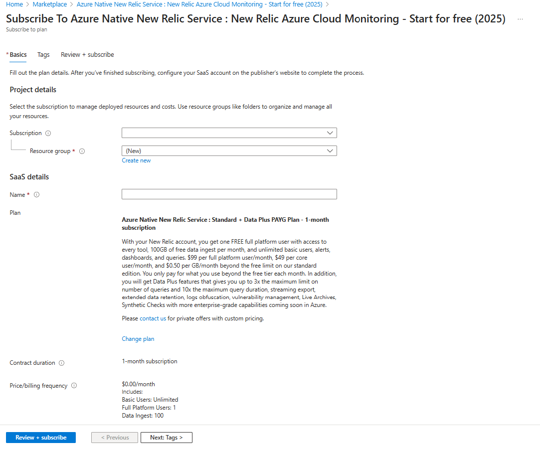 A screenshot of the Subscribe To Azure Native New Relic Service options inside of the Azure portal's working pane with the Basics tab displayed.