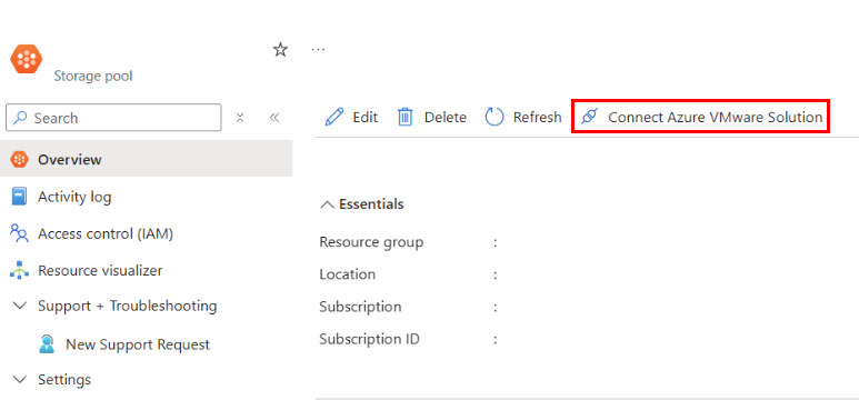 A screenshot of a Storage Pool resource inside Azure portal with the Connect Azure VMware Solution button emphasized
