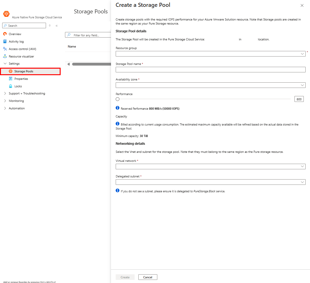 A screenshot of the Create a storage pool pane inside Azure portal.