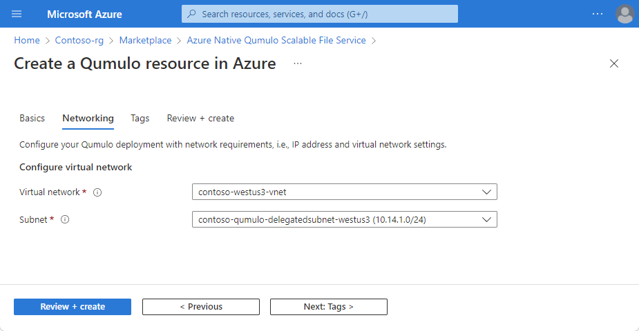 Screenshot of the Networking tab for creating a Qumulo resource on the working pane.