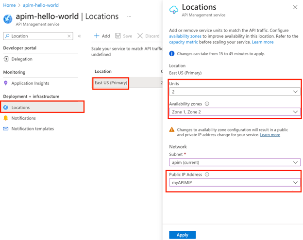 Screenshot of how to migrate existing location of API Management instance (stv2 platform) injected in VNet.