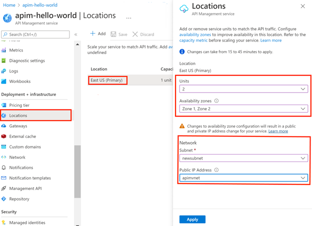 Screenshot of how to migrate existing location of API Management instance injected in VNet.