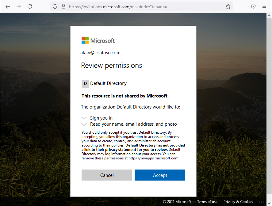 Screenshot of external user invite review permissions.