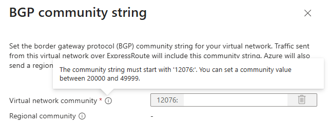 Screenshot of the BGP community string configuration for a virtual network, showing the supported value range.