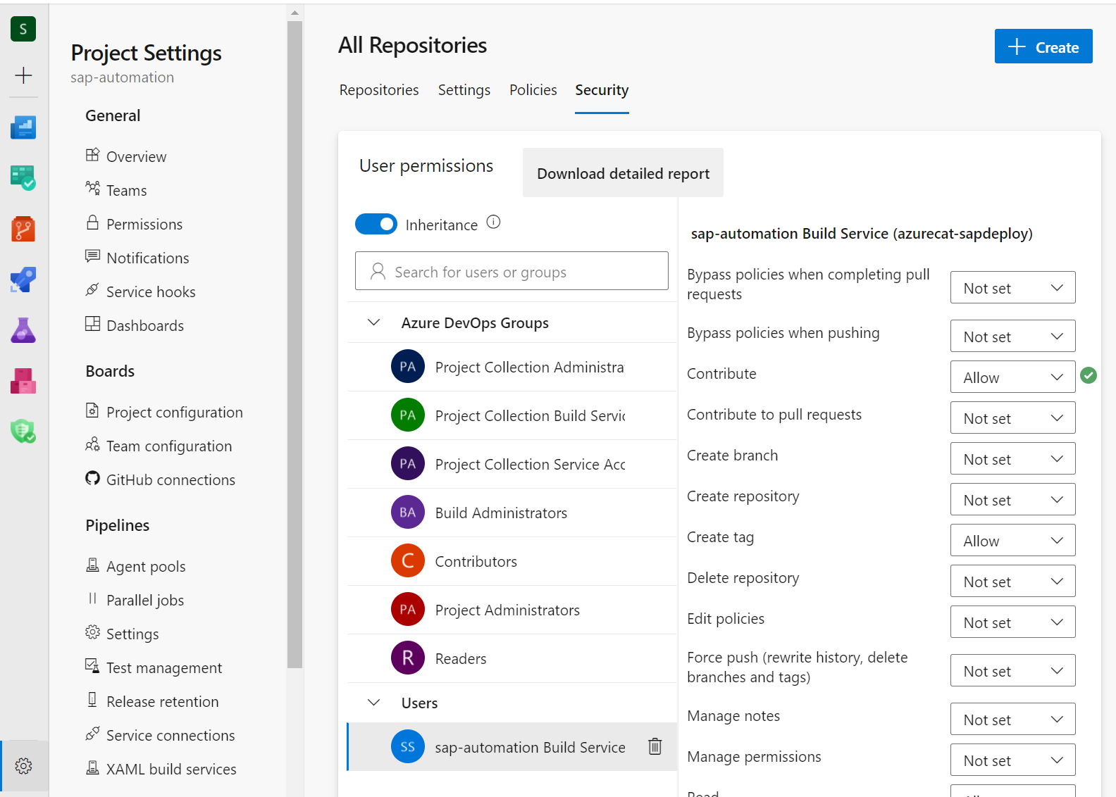 Screenshot of Azure DevOps repository security settings with Build Service permissions.