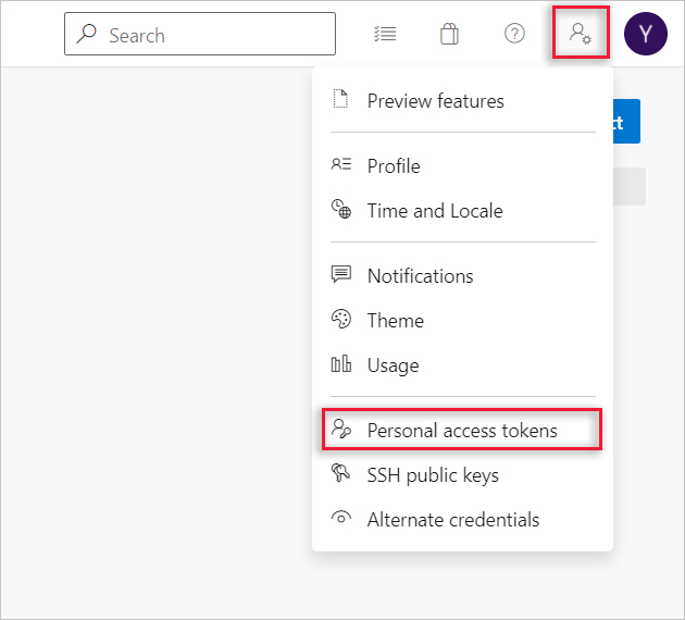 Screenshot of Azure DevOps user settings where the personal access tokens option is highlighted.