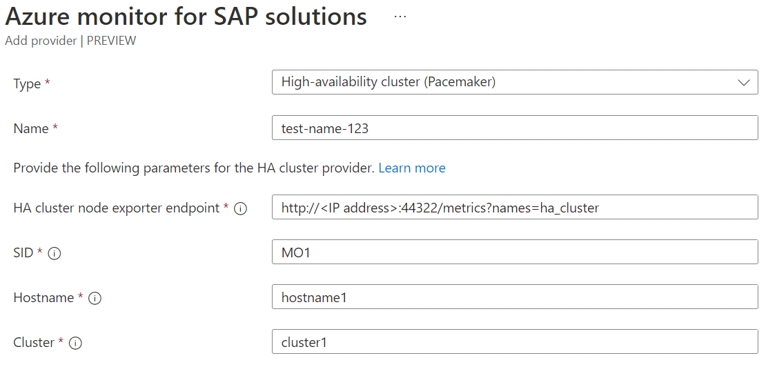 Screenshot that shows the setup for an Azure Monitor for SAP solutions provider, with the fields for RHEL-based clusters.