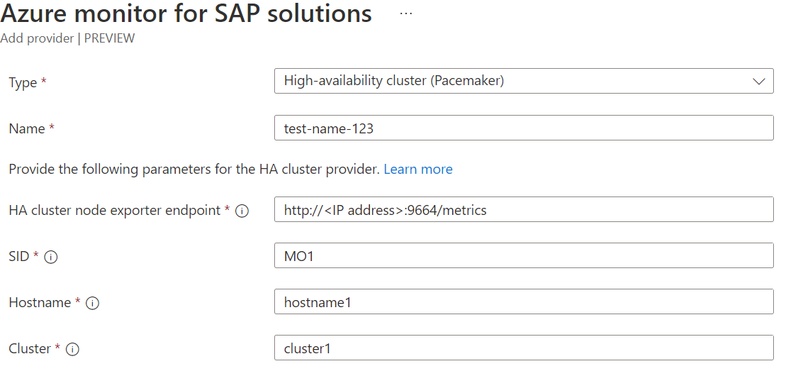 Screenshot that shows the setup for an Azure Monitor for SAP solutions provider, with the fields for SUSE-based clusters.