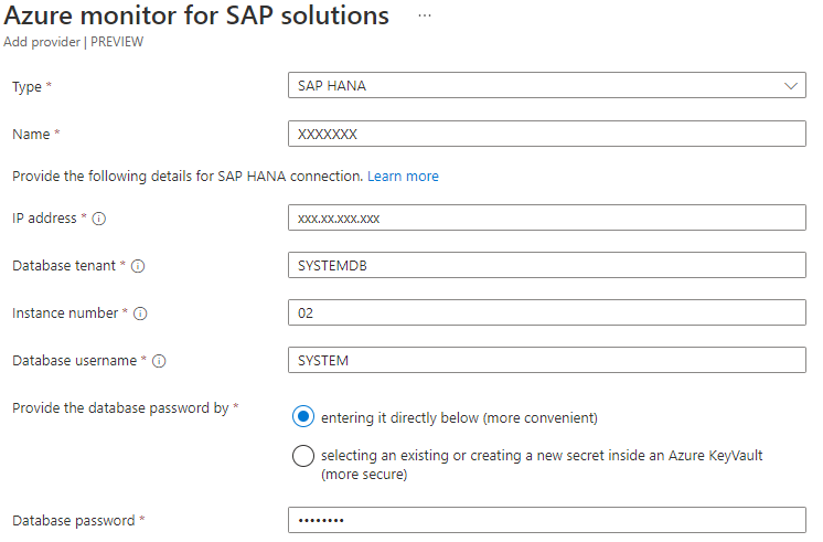 A diagram that shows the Azure Monitor for SAP solutions resource creation page in the Azure portal, showing all required form fields.