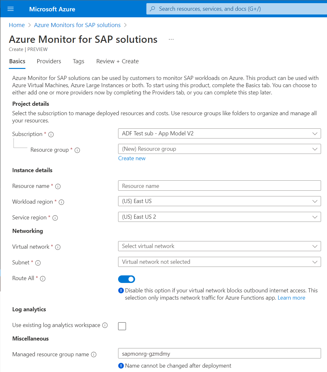 A screenshot of the Basics screen with details for an Azure Monitor for SAP solutions instance.