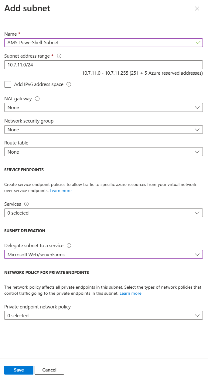 A screenshot that shows a network subnet creation for Azure Monitor for SAP solutions.