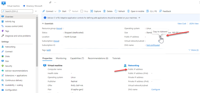 Screenshot of where to retrieve the public ip on the Azure portal.