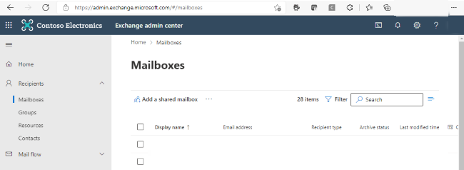 Screenshot of Microsoft 365 Admin Center mailbox.