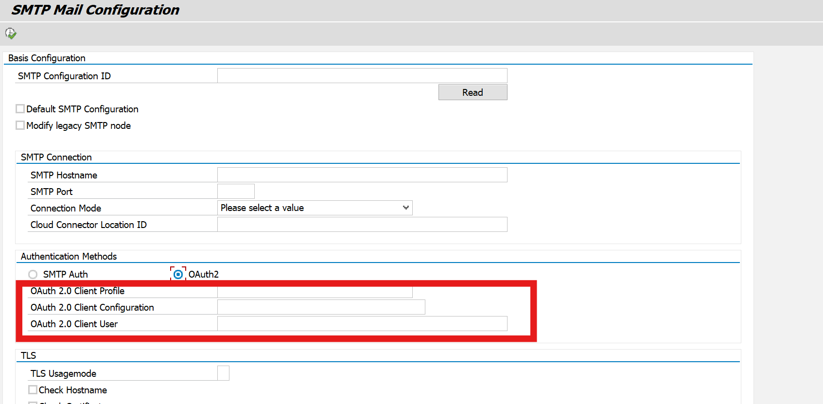 Screenshot of SBCS_MAIL_CONFIGSMTP outbound configuration.