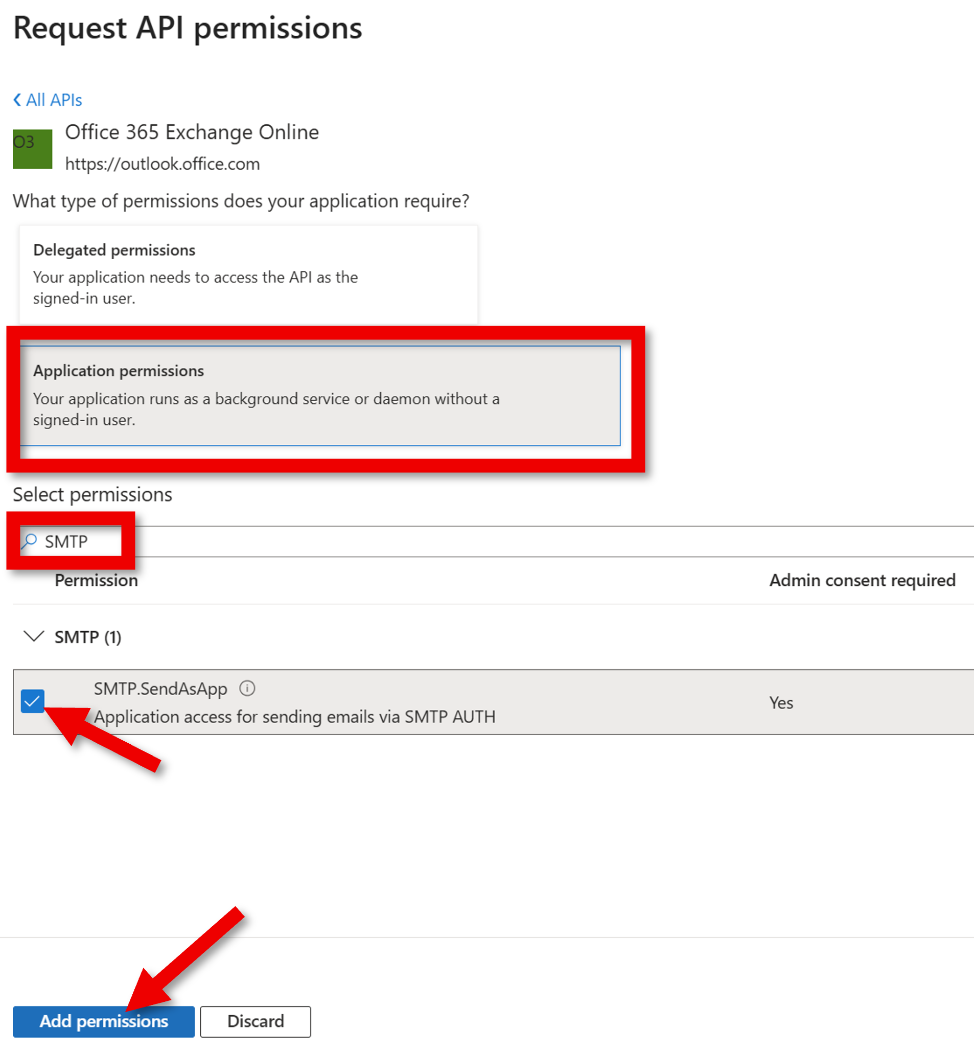 Screenshot of add SMTP.SendAs permission.