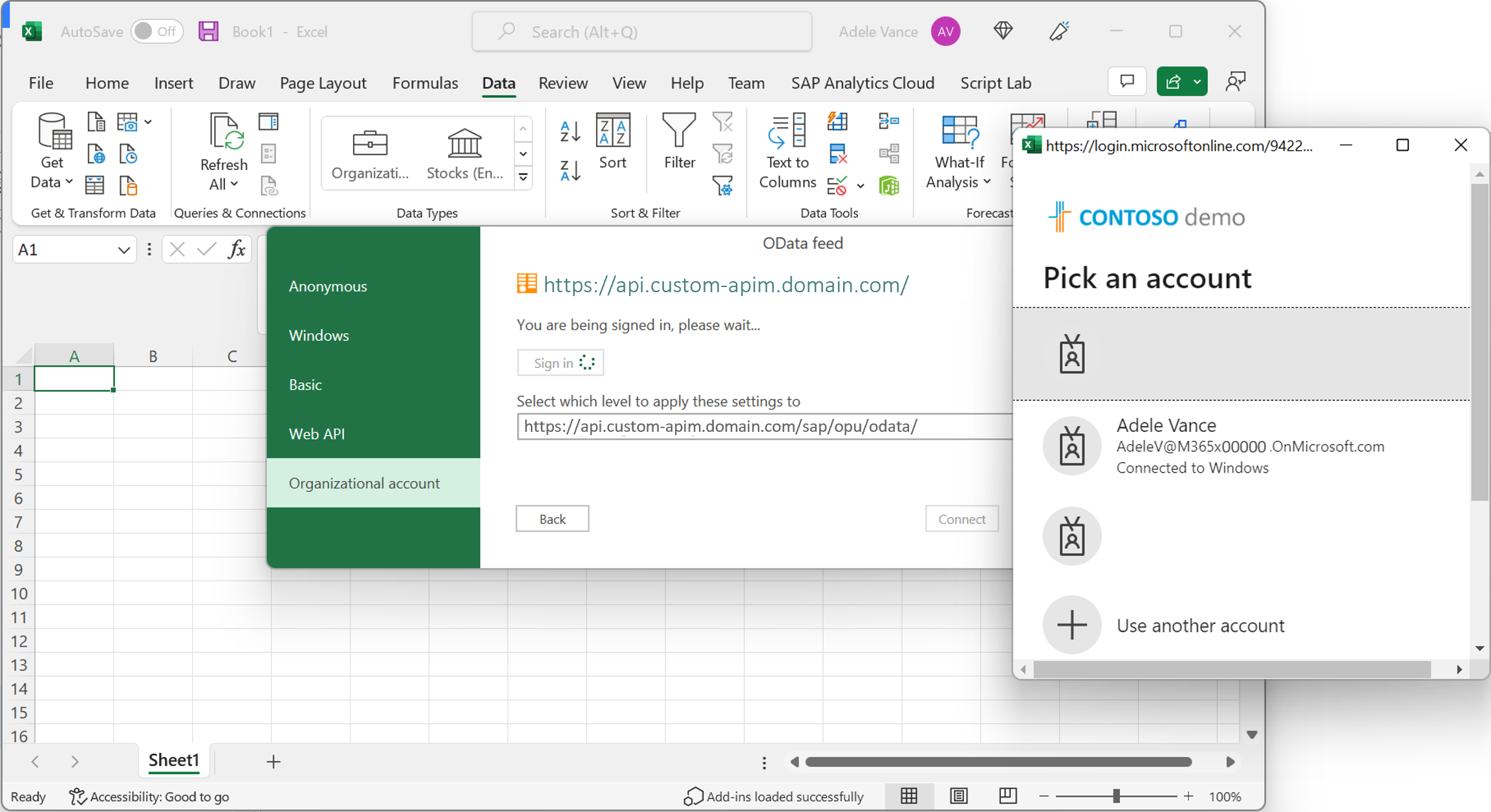 Screenshot that shows the sign in flow within Excel for the Organizational Account option.
