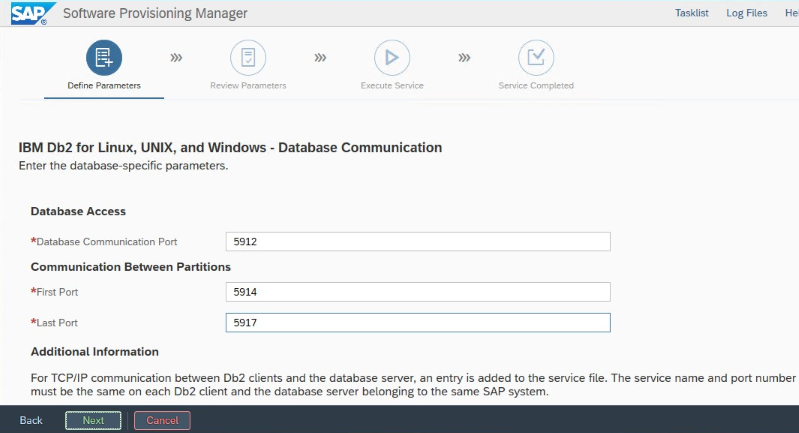 A screenshot of the SAP wizard "Define Parameters" screen for port configuration.