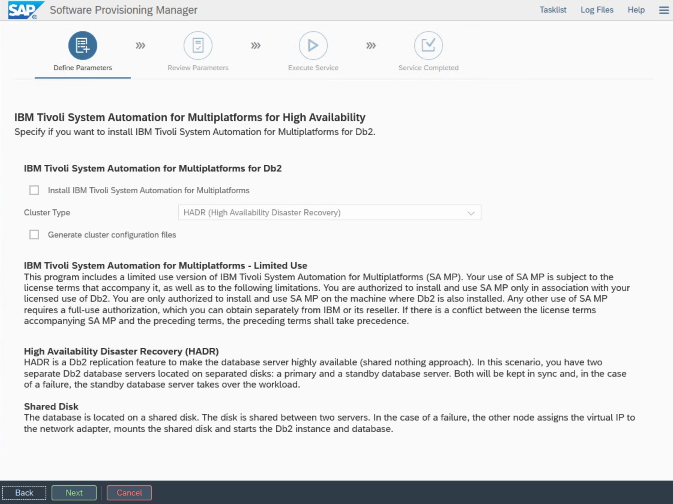 A screenshot of the SAP wizard on the "Define Parameters" screen for high availability configuration.