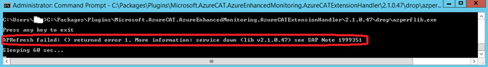 A screenshot of azperflib indicating that the service of the Azure extension for SAP isn't running.