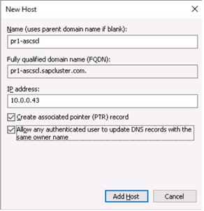 A screenshot of the Windows DNS Manager New Host dialog box for ERS-1 configuration.