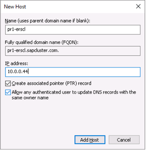 A screenshot of the Windows DNS Manager New Host dialog box for ERS-2 configuration.