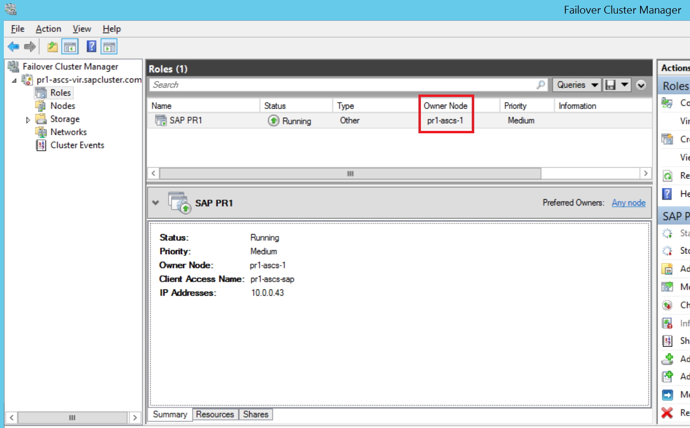A screenshot of the Windows Failover Cluster Manager with an SAP cluster configured as a role.