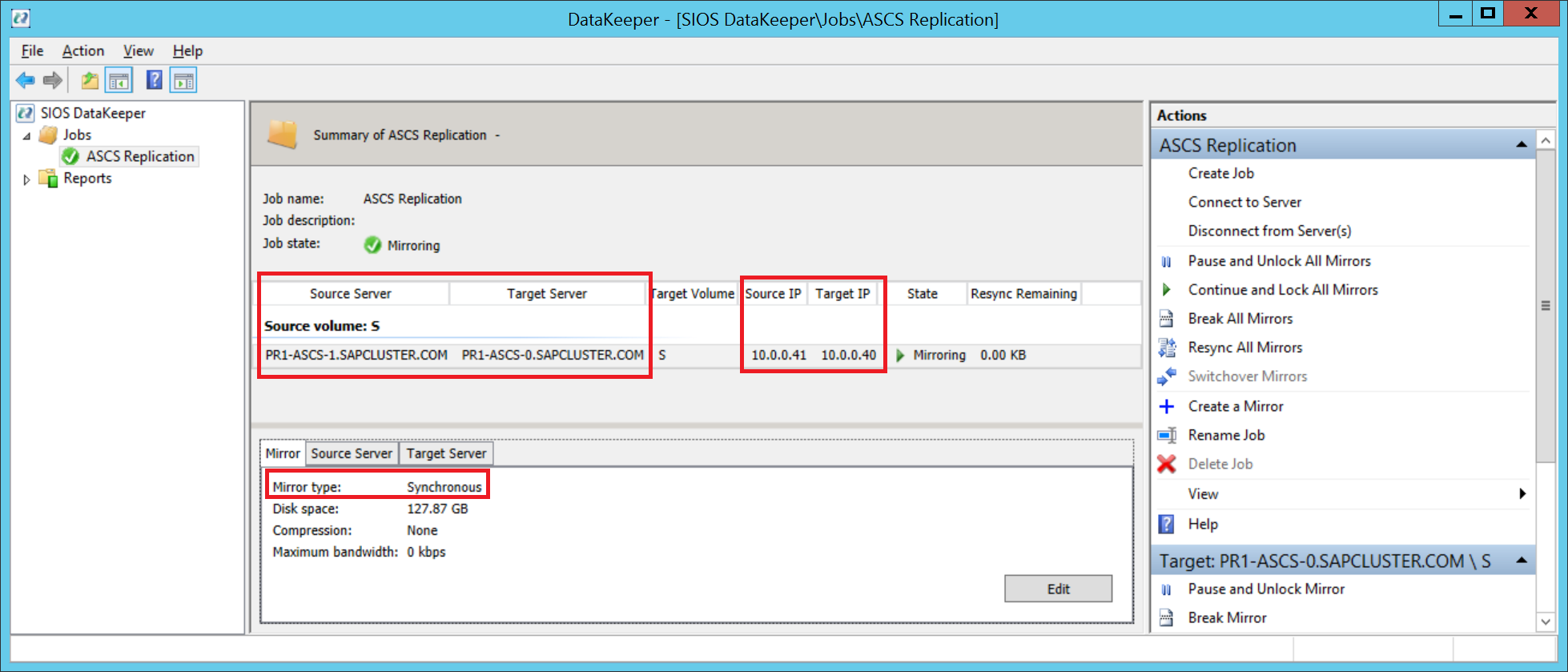 A screenshot of SIOS DataKeeper replicating the local volume from cluster node B to cluster node A.
