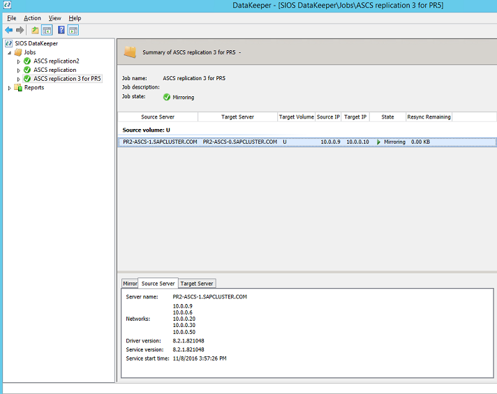 A screenshot of DataKeeper performing synchronous mirroring for the new SAP ASCS/SCS share disk.