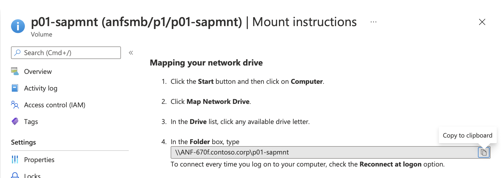 Screenshot of the Azure portal showing Azure NetApp Files mount instructions with UNC path.