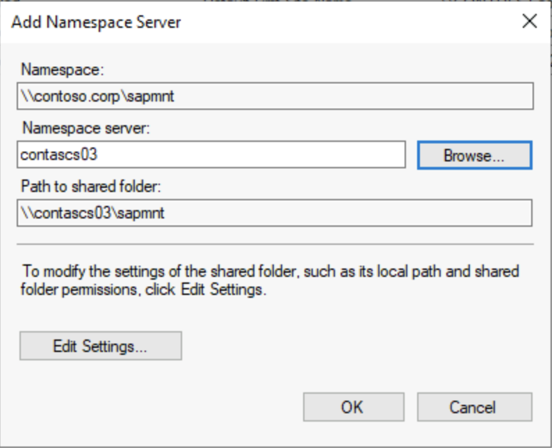Screenshot of the Add Namespace Server dialog for adding additional DFS-N servers.