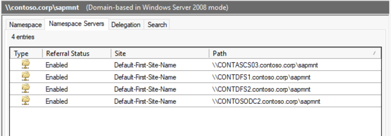 Screenshot of the existing DFS Namespace servers overview in the management console.