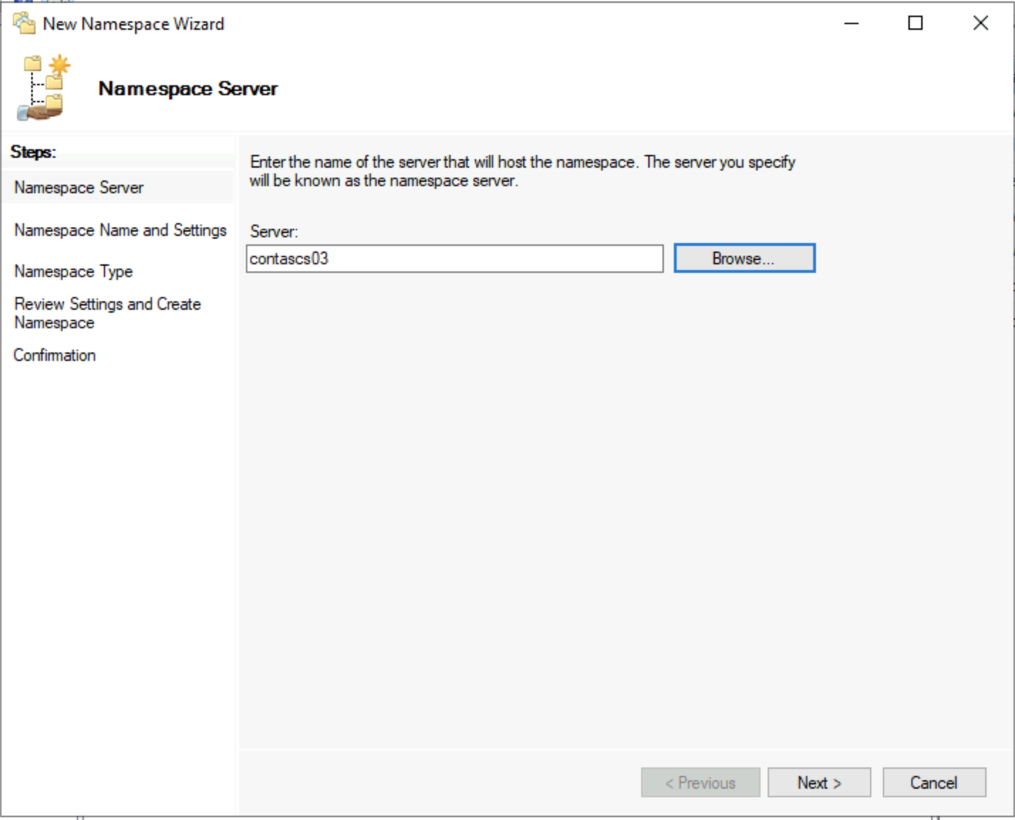 Screenshot of the DFS Namespace server selection screen for an AD-joined Windows Server.
