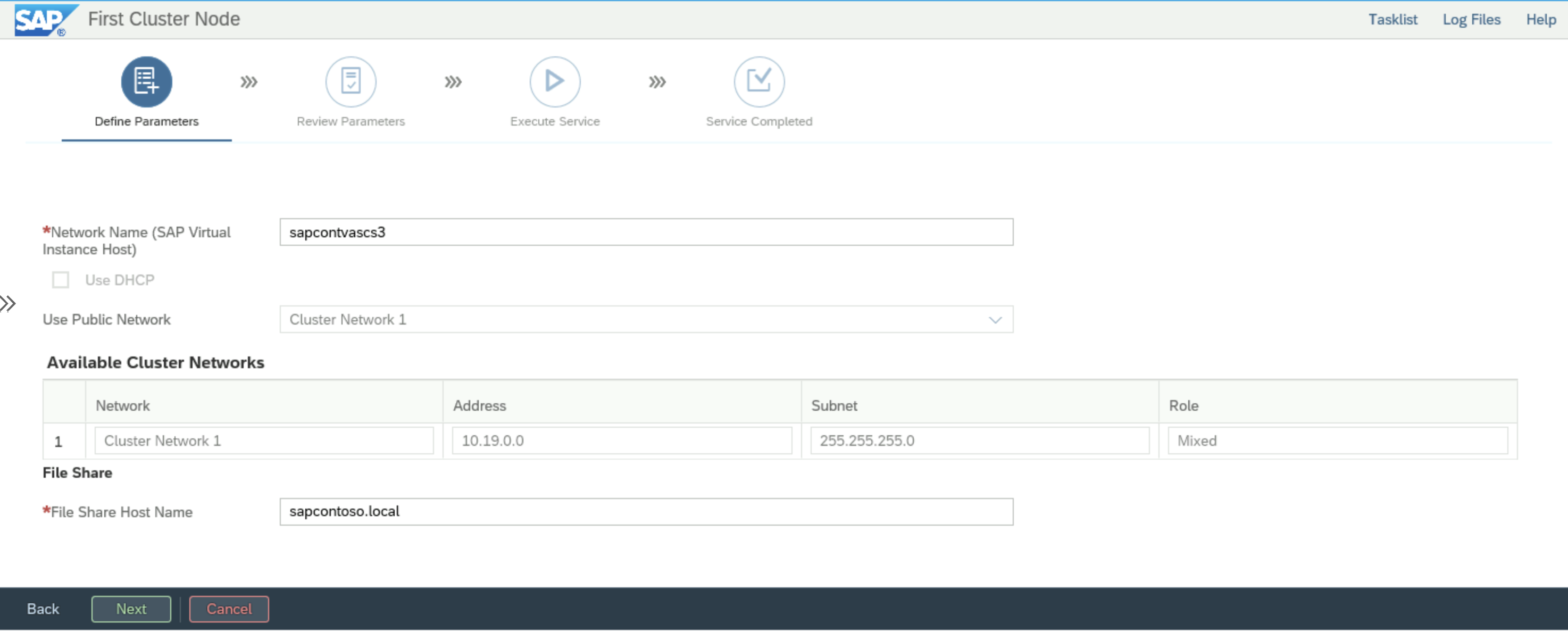 Screenshot of the SWPM selection screen for Cluster Share Host Name configuration.