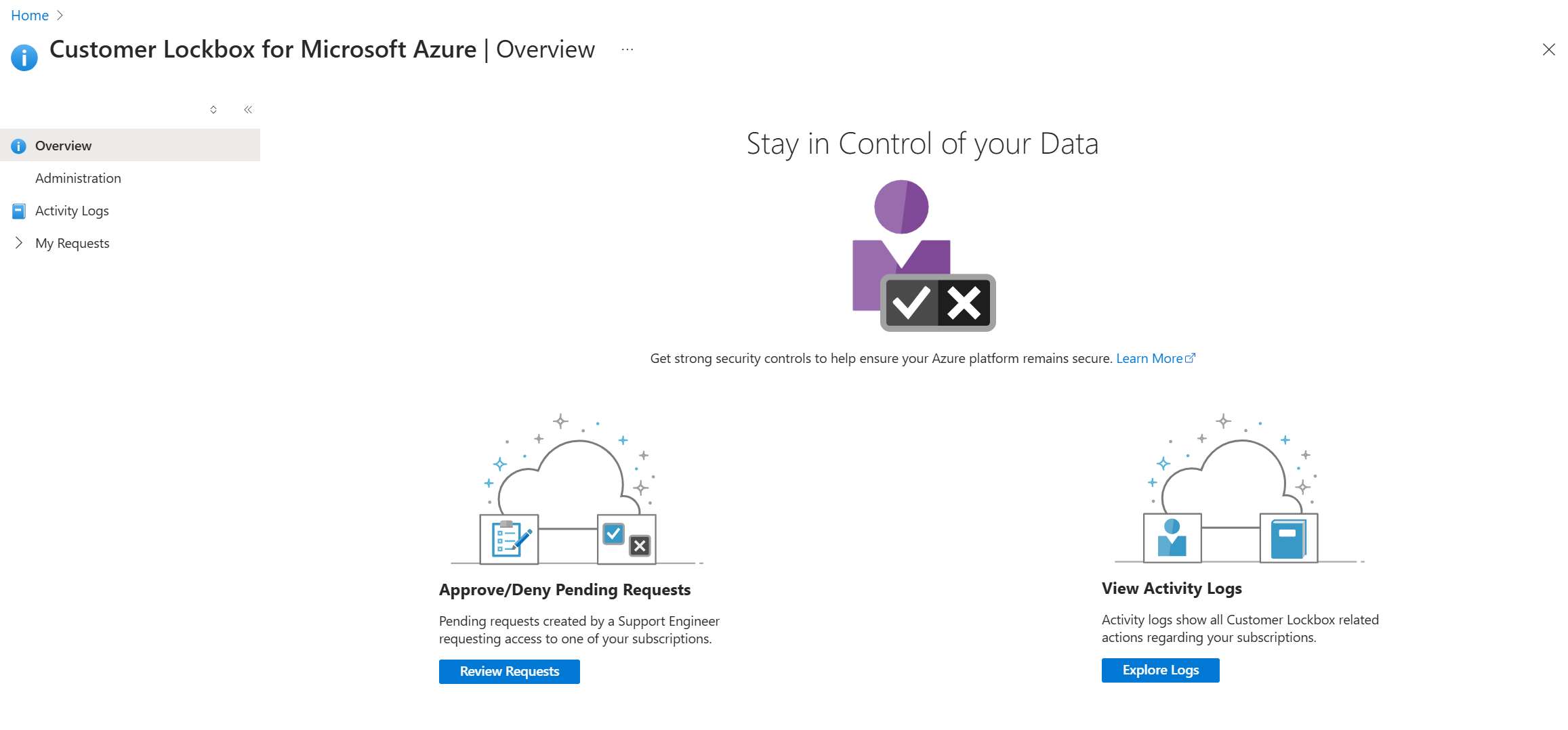 A screenshot of the Customer Lockbox for Microsoft Azure landing page.