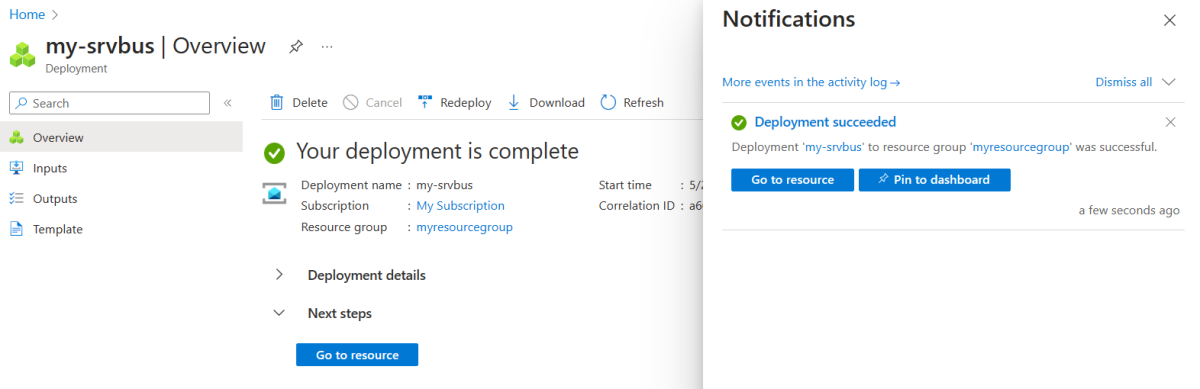 Screenshot of the Azure portal that shows the Notifications pane of the Deployment Overview page.