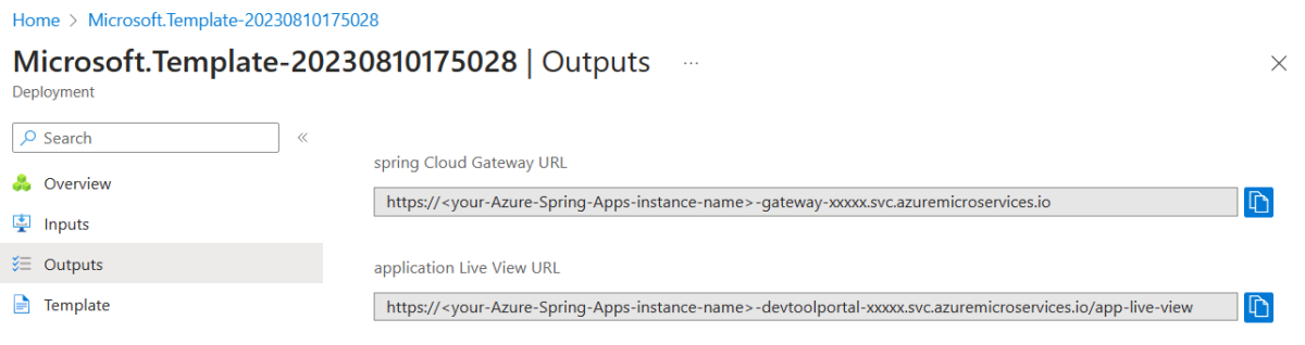 Screenshot of the Azure portal that shows the Deployment Outputs page.