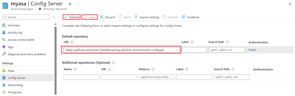 Screenshot of the Azure portal that shows the Config Server page with the Default URI and the Validate button highlighted.