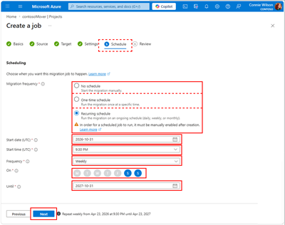 Screenshot of the job scheduling settings in Azure Storage Mover.