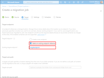 Screen capture of the Target tab illustrating the location of the Existing Target Endpoint field.