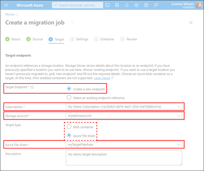 Screen capture of the Target tab illustrating the location of the New Target Endpoint fields.