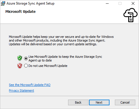 Ensure Microsoft Update is enabled in the Microsoft Update pane of the Azure File Sync agent installer