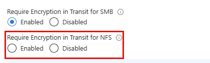 Screenshot of the Security pane for classic file shares, with the Require Encryption in Transit for NFS setting highlighted.