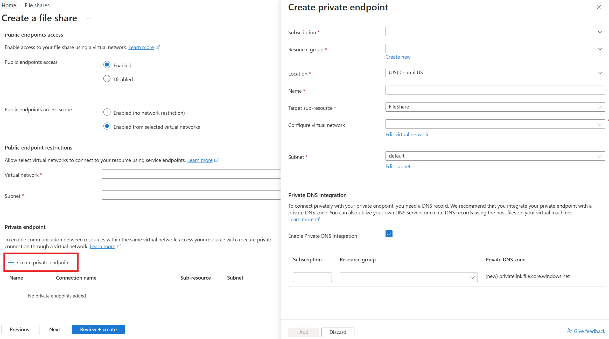 A screenshot of the Networking tab showing private endpoint settings in the Azure portal.
