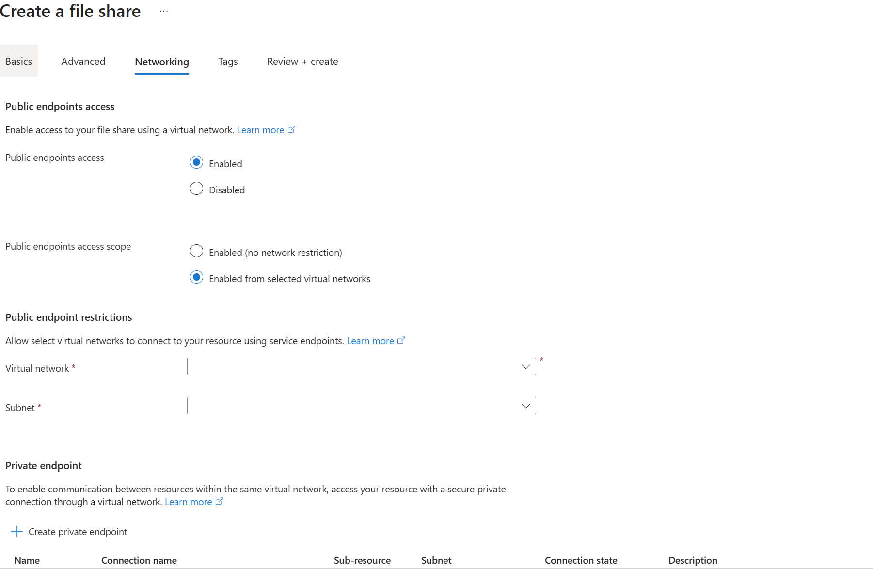 A screenshot of the Networking tab showing service endpoint settings in the Azure portal.