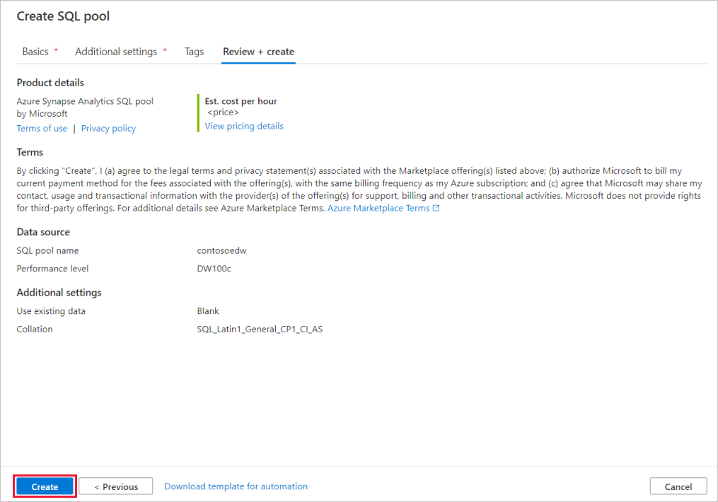 A screenshot of the SQL pool create flow - review settings tab.