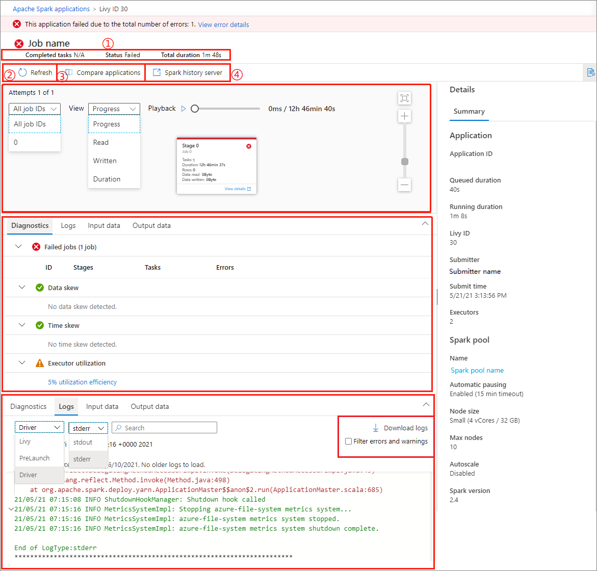 Screenshot of failed job details.