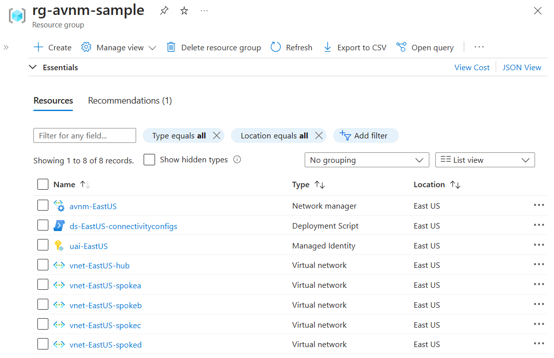 Screenshot of all deployed resources in Azure portal.