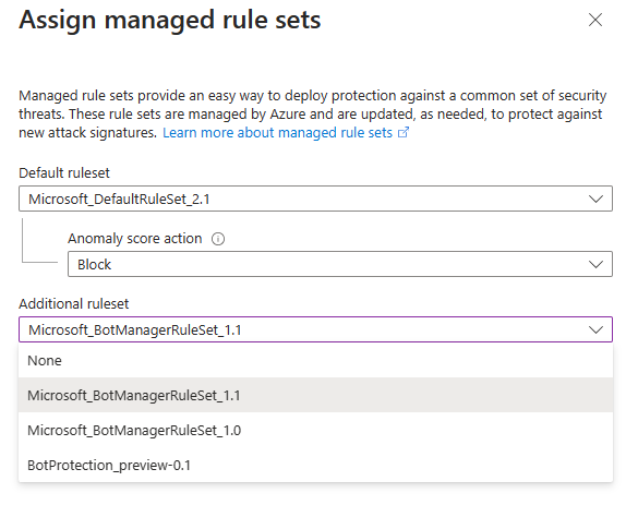 Screenshot of the Azure portal showing the managed rules assignment page, with the 'Additional rule set' drop-down field highlighted.